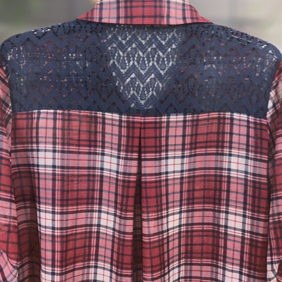 Xhilaration red and navy plaid sheer, long sleeved button-up shirt. - Picture 6 of 8